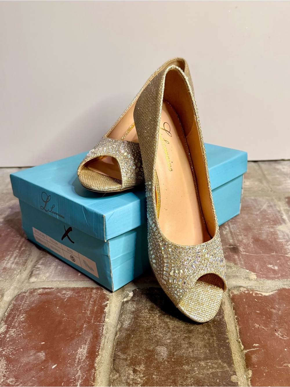 L. Lorraine Belinda-K Peep-Toe Crystal Embellished Heels Nude Sparkle sz 5 w/box